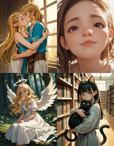 https://civitai.com/articles/5300 ___ All images: score_9, score_8_up, score_7_up ___ 1st image: 1girl, 1boy, Princess_Zelda, \(The_Legend_of_Zelda:_Breath_of_the_Wild\), standing, kiss, hug, closed_eyes ___ 2nd image: 1girl, zoom on face, cute, lovely, close-up ___ 3rd image: 1girl, solo, blonde_hair, wavy_hair, angel, angel_wings, halo, smile, sitting, forest, white_dress ___ 4th Image: 1girl, solo, long_hair, black_hair, blunt_bangs, straight_hair, round_eyewear, cat_girl, cat_ears, cat_tail, standing, hug cat, looking_at_viewer, library