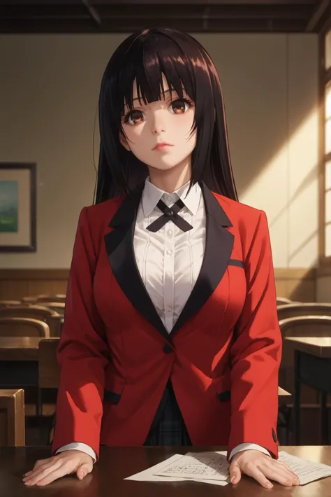 score_9, score_8_up, score_7_up, dramatic lighting, A woman standing with her back arched, hands resting on a table behind her., <lora:Yumeko_Jabami:0.8> 1girl, solo, yumeko, black hair, long hair, bangs, brown eyes, white shirt, collared shirt, red blazer, skirt, pantyhose, big breast, looking at viewer, realistic