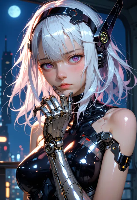 1girl,solo,looking at viewer,medium hair,bangs,hairband,purple eyes,hair ornament,hair between eyes,white hair,fluffy hair,large_breasts,blush shy,shiny_skin,very detailed clothes,very realistic textures,very detailed textures,longeyelashes,brown eye shadow,night,dim light,cyberpunk,mechanical arm,sci-fi style clothes,hair_tucking,metal material,realistic metallic texture,hands,raise your hand,, score_9,score_8_up,score_7_up,masterpiece,best quality,8k,