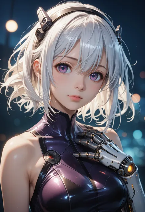 1girl,solo,looking at viewer,medium hair,bangs,hairband,purple eyes,hair ornament,hair between eyes,white hair,fluffy hair,large_breasts,blush shy,shiny_skin,very detailed clothes,very realistic textures,very detailed textures,longeyelashes,brown eye shadow,
night,dim light,cyberpunk,mechanical arm,sci-fi style clothes,hair_tucking,metal material,realistic metallic texture,hands,raise your hand,, cinematic film still,score_9,score_8_up,score_7_up,dramatic lighting,(realistic:1.3),highly detailed,high budget,bokeh,cinemascope,moody,epic,gorgeous,film grain,grainy,masterpiece,best quality,perfect anatomy,very aesthetic,official art,8k,