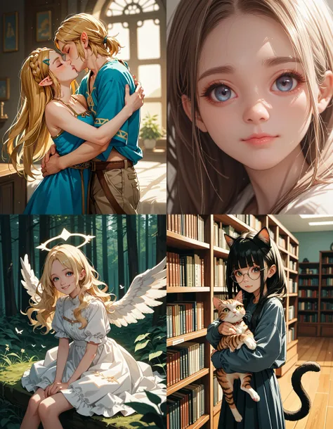 https://civitai.com/articles/5300 ___ All images: score_9, score_8_up, score_7_up ___ 1st image: 1girl, 1boy, Princess_Zelda, \(The_Legend_of_Zelda:_Breath_of_the_Wild\), standing, kiss, hug, closed_eyes ___ 2nd image: 1girl, lovely face, portrait, close-up, looking_at_viewer, closed_mouth ___ 3rd image: 1girl, solo, blonde_hair, wavy_hair, angel, angel_wings, halo, smile, sitting, forest, white_dress ___ 4th Image: 1girl, solo, long_hair, black_hair, blunt_bangs, straight_hair, round_eyewear, cat_girl, cat_ears, cat_tail, standing, hug cat, looking_at_viewer, library