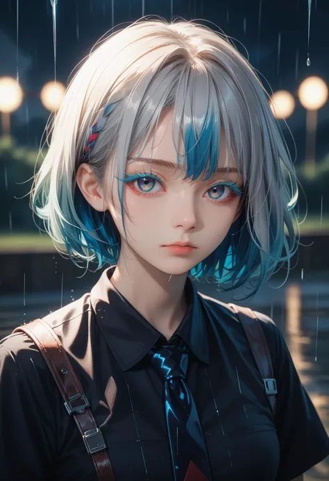 1girl,hskdmnd,crystal hair,colored eyelashes,multicolored hair,short hair,black shirt,puffy short sleeves,collared shirt,black necktie,white elbow gloves,looking at viewer,expressionless,dark background,rain,, cinematic film still,score_9,score_8_up,score_7_up,dramatic lighting,(realistic:1.3),highly detailed,high budget,bokeh,cinemascope,moody,epic,gorgeous,film grain,grainy,masterpiece,best quality,perfect anatomy,very aesthetic,official art,8k,