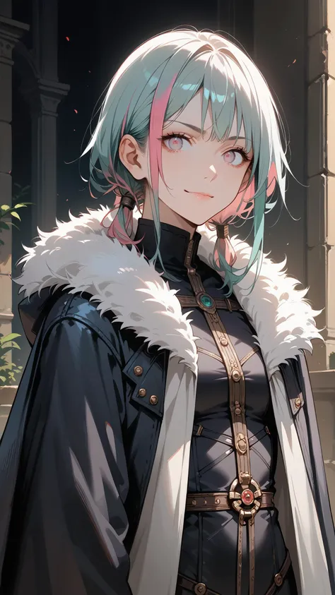 embedding:zPDXL3, score_9, score_8_up, score_7_up, masterpiece, best quality, 8k, source_anime, 1girl, solo, a beautiful and fierce female rogue, chaotic hairstyle with long side fringe, (teal color hair) with pink highlights, bright silver color eyes, sophisticated smirk, wary eyes, skinny fit body, wearing medival leathers, wearing fur trim cloak, red and purple and faded leather aesthetic