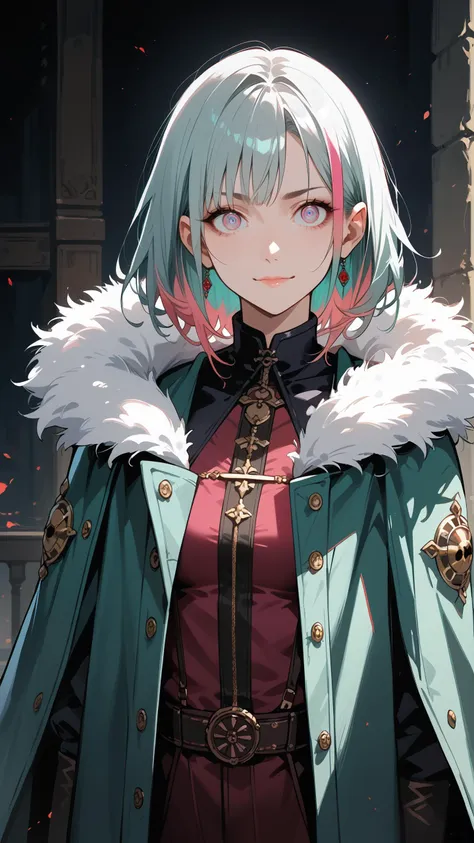 embedding:zPDXL3, score_9, score_8_up, score_7_up, masterpiece, best quality, 8k, source_anime, 1girl, solo, a beautiful and fierce female rogue, chaotic hairstyle with long side fringe, (teal color hair) with pink highlights, bright silver color eyes, sophisticated smirk, wary eyes, skinny fit body, wearing medival leathers, wearing fur trim cloak, red and purple and faded leather aesthetic