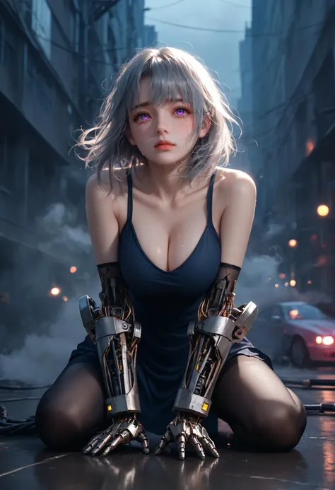 1girl,solo,afraid,crying,tears,tears fall to the breast,tears on the breast,full_body,looking at viewer,medium hair,bangs,purple eyes,hair between eyes,grey_hair,fluffy hair,huge_breasts,blush shy,shiny_skin,night,dim light,cyberpunk,mechanical arm,metal material,realistic metallic texture,long_legs,shoulders,collarbonea,sit on the ground,translucent tights,perfect ass,peach hip,the background of terror,damaged machinery,rusty equipment,feet,electric lines leaking on the ground,water,sparks,electric shock,sweating,parts all over the floor,gear,bearing,screw,nut,the mechanical arm emits a lot of steam,mechanical arm smoke,thick smoke,, cinematic film still,score_9,score_8_up,score_7_up,dramatic lighting,(realistic:1.3),highly detailed,high budget,bokeh,cinemascope,moody,epic,gorgeous,film grain,grainy,masterpiece,best quality,perfect anatomy,very aesthetic,official art,8k,