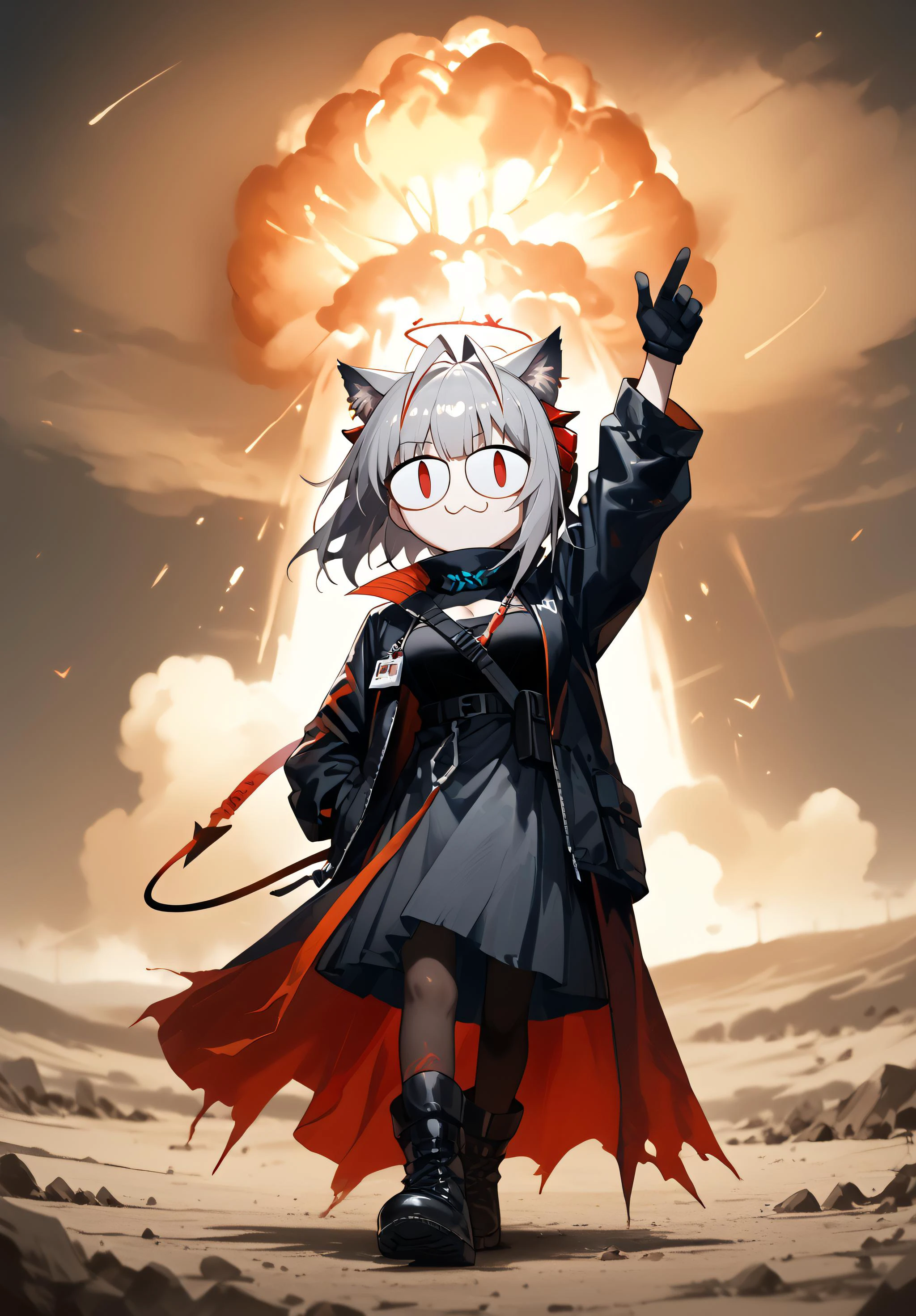 score_9, score_8_up, score_7_up, source_anime, masterpiece, best quality,
BREAK
<lora:necoarccon-guy-PONYv1:0.8>, necoarccon, slit pupils, cat ears, :3, (chibi),
BREAK
1girl, <lora:arknights_all_v4_0711:0.85>, w_\(arknights\), grey_hair, short_hair, demon_horns, black_gloves, demon_girl, large_breasts, antennae, black_jacket, demon_tail, red_eyes, antenna_hair
BREAK
<lora:Nuclear_Explosion:0.775>, Nuclear Explosion in the background, looking at viewer, arms up, red theme, dark theme