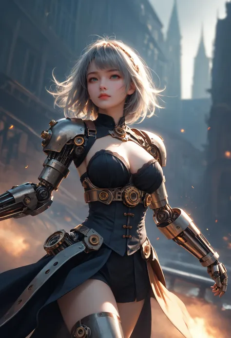 1girl,large_breasts,grey_hair,medium_hair,air_bangs,thin,thin_waist,long_legs,steampunk,((dieselpunk)),mechanical structure,gear,metallic texture,fighting_stance,there is gas flow around the body,, cinematic film still,score_9,score_8_up,score_7_up,dramatic lighting,(realistic:1.3),highly detailed,high budget,bokeh,cinemascope,moody,epic,gorgeous,film grain,grainy,masterpiece,best quality,perfect anatomy,very aesthetic,official art,8k,