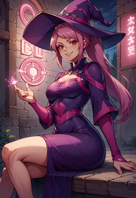 score_9, score_8_up,score_7_up, source_anime, 1girl, solo, <lora:EPpkLavana-10:1.0>, EPpkLavana, pink hair, high ponytail, long hair, sidelocks, swept bangs, red eyes, glowing neon lights, sitting, armoured, witch hat, witch robe, eyeshadow, looking at viewer, smiling, pink glow, pink magical energy,