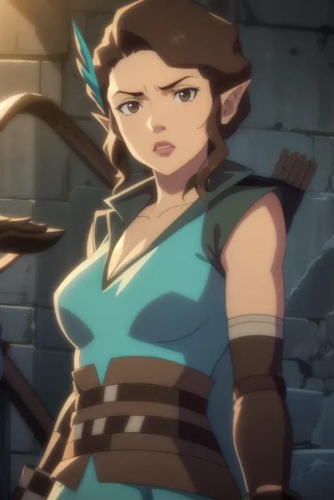 vexahlia, <lora:vexahlia-lora-nochekaiser:1>,
vexahlia, short hair, brown hair, black hair, hair ornament, pointy ears, (brown eyes:1.5),
BREAK gloves, cleavage, collarbone, fingerless gloves, armor, brown gloves, quiver,
BREAK outdoors,
BREAK looking at viewer, dynamic pose, cowboy shot,
BREAK <lyco:GoodHands-beta2:1>, (masterpiece:1.2), best quality, high resolution, unity 8k wallpaper, (illustration:0.8), (beautiful detailed eyes:1.6), extremely detailed face, perfect lighting, extremely detailed CG, (perfect hands, perfect anatomy),