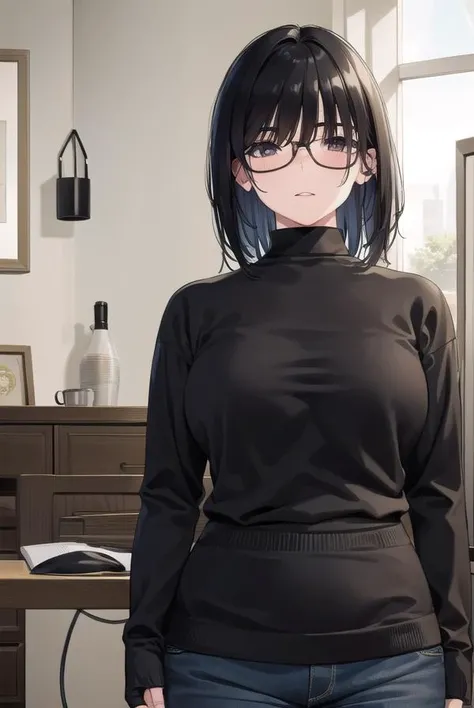 kasumimiyoshi, kasumi miyoshi, bangs, black hair, hair between eyes, (black eyes:1.5), medium hair, mole, black-framed eyewear, plump,
BREAK turtleneck, long sleeves, shorts,
BREAK indoors,
BREAK looking at viewer, (cowboy shot:1.5),
BREAK (masterpiece:1.2), best quality, high resolution, unity 8k wallpaper, (illustration:0.8), (beautiful detailed eyes:1.6), extremely detailed face, perfect lighting, extremely detailed CG, (perfect hands, perfect anatomy),