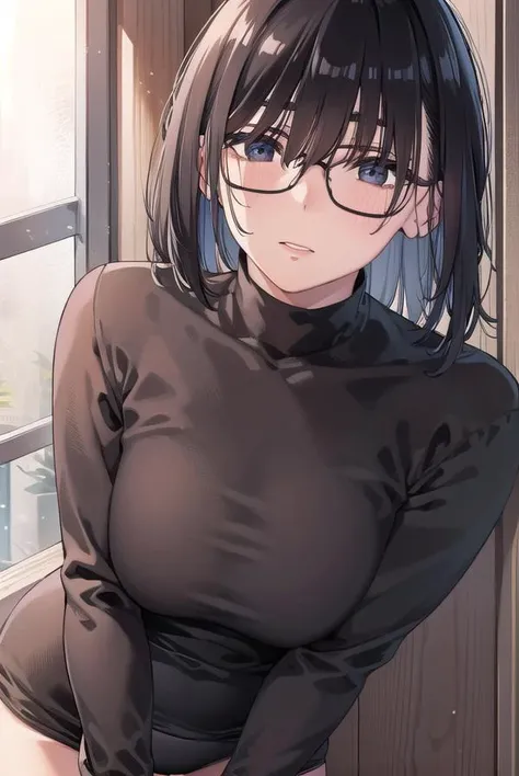 kasumimiyoshi, <lyco:kasumimiyoshi-lyco-nochekaiser:1>,
kasumi miyoshi, bangs, black hair, hair between eyes, (black eyes:1.5), medium hair, mole, black-framed eyewear, plump,
BREAK turtleneck, long sleeves, panties,
BREAK indoors,
BREAK looking at viewer, (cowboy shot:1.5),
BREAK <lyco:GoodHands-beta2:1>, (masterpiece:1.2), best quality, high resolution, unity 8k wallpaper, (illustration:0.8), (beautiful detailed eyes:1.6), extremely detailed face, perfect lighting, extremely detailed CG, (perfect hands, perfect anatomy),