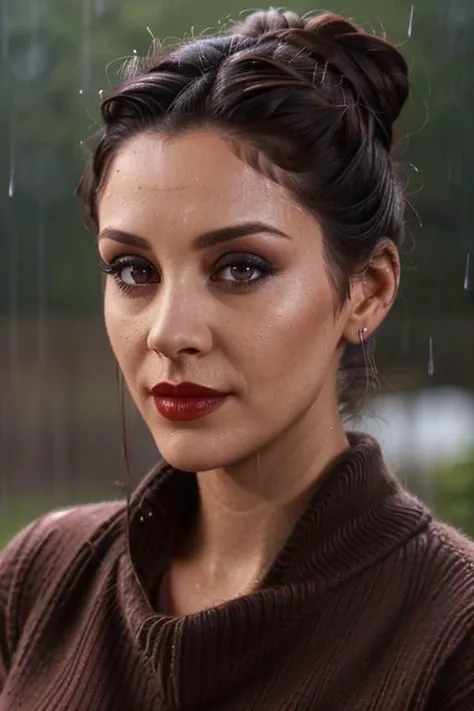 photo of a woman, <lora:anniesorrell-10:0.7>, anniesorrell, annie sorrell,(serious), ((turltneck sweater):1.2), ((hair up, hair in bun, dark brown hair)), ((outdoors, rain):1.1), ((closeup, portrait)), ((red lipstick, makeup)), ((best quality, masterpiece, extreme details, high resolution):1.2),((detailed eyes, beautiful eyes, detailed face, beautiful face):1.2)