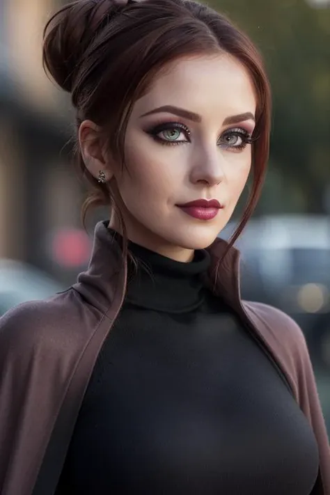 <lora:anniesorrell-05:0.5>, ,anniesorrell,(epic), , photo of a woman, ((dark red hair, hair up, hair in bun)), ((outdoors, detailed fantasy city, turtleneck bodysuit, cape)),smiling, ((dark lipstick, heavy eyeliner, heavy eye shadow, blush, goth makeup)), ((best quality, masterpiece, extreme details, high resolution):1.2),((detailed eyes, beautiful eyes, detailed face, beautiful face):1.2)