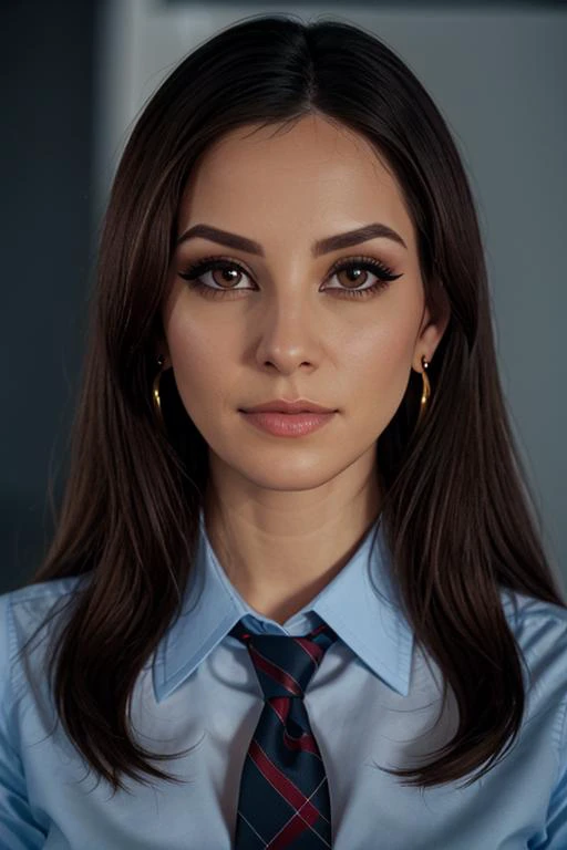 <lora:anniesorrell-05:0.5>, ,anniesorrell,(epic), ,photo of a woman, , perfect hair, beautiful perfect skin, ((busy office)), (modern photo, necktie, shirt), 24mm, (analog, cinematic, film grain:1.3), , detailed eyes, (upper body), (looking at viewer), earrings, (eyeliner, eyelashes)
