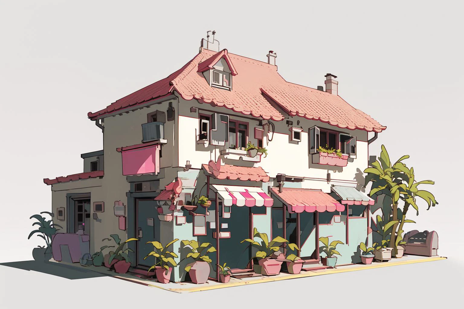 No people, grey background, landscape, door, plant, simple background, clock, window, air conditioner, building, pink house, outdoors, potted plant, old house, (illustration:1.0), masterpiece, best quality, <lora:xiaofangzi_20230617175504:0.8>