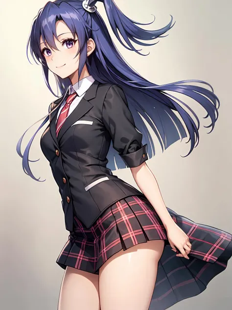 Yatogami tohka, school uniform, blazer, cleavage, medium breasts, best quality, long hair, pony tail, red ribbon hair, masterpiece, highres, best quality, blush, smile shy, sexy pose, indoor, chair, classroom, window, pleated skirt, stocking, thighhigh,