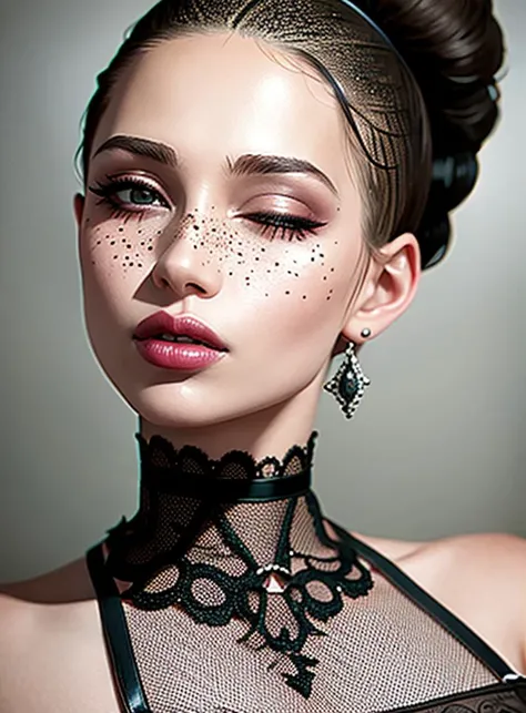 a woman with (freckles:0.2) on her face and a choker on her neck, wearing black lingerie with black laces and a black choker with (freckles:0.345) on her neck and a white background and a white background with a white wall and a white backdrop with a black backdrop with a light and a shadow and a shadow, and under her eyes closed, and her eyes closed, with freckles, her eyes, and her lips, her lips, her lips, and lips, and lips, lips, lips, lips, lips, nose, nose, nose, nose, nose, nose, lips, lips, lips, lips, eyebrows, eyebrows, eyebrows, lips, sexy, lips, sexy, lips, sexy, lips, lips, sexy, (Fan Qi:0.063), (rounded eyes:0.088), (a photorealistic painting:0.196), (rococo:0.158), (close up:0.173)