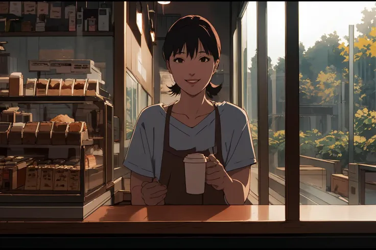 (RAW photo, best quality), 1girl,  natural lighting, upper body, coffee shop, smile,
<lora:satoshi_kon_art_style_v1_2-000007:1>, satosh kon art style