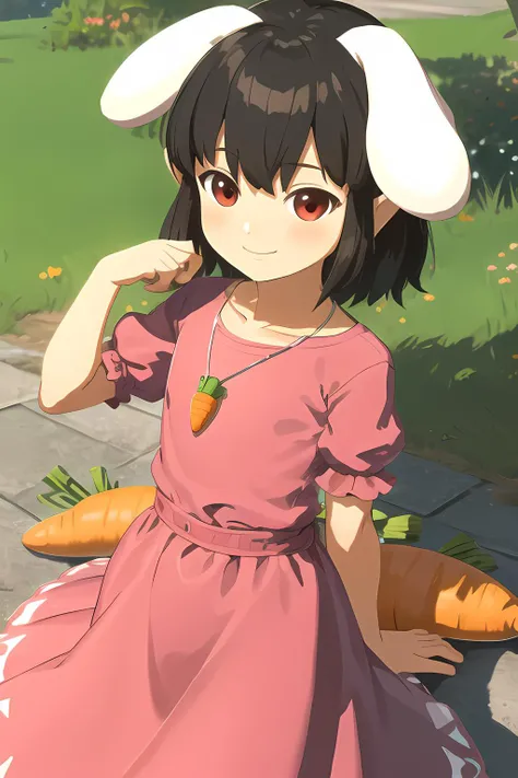 masterpiece, best quality, highres, ultra-detailed, <lora:botw_style_offset:0.8> botw style, <lora:CHAR-InabaTewi:0.6> flat chest, child, short hair, black hair, red eyes, (Inaba Tewi:1.2), short hair, black hair, carrot necklace, pink dress, short sleeves, puffy sleeves, happy, smile