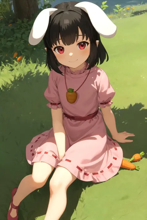 masterpiece, best quality, highres, ultra-detailed, <lora:botw_style_offset:0.6> botw style, <lora:CHAR-InabaTewi:0.6> flat chest, child, short hair, black hair, red eyes, (Inaba Tewi:1.2), short hair, black hair, carrot necklace, pink dress, short sleeves, puffy sleeves, smile