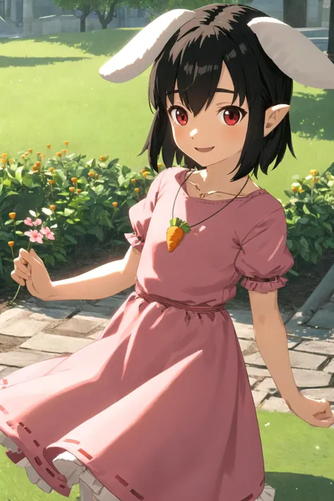 masterpiece, best quality, highres, ultra-detailed, <lora:botw_style_offset:0.8> botw style, <lora:CHAR-InabaTewi:0.6> flat chest, child, short hair, black hair, red eyes, (Inaba Tewi:1.2), short hair, black hair, carrot necklace, pink dress, short sleeves, puffy sleeves, happy, smile