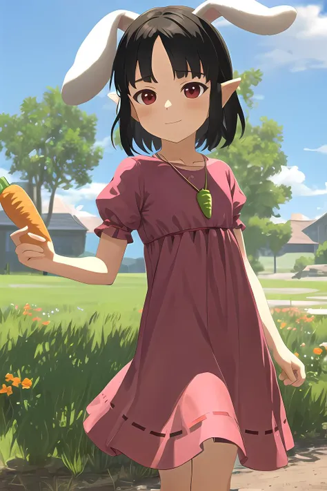 masterpiece, best quality, highres, ultra-detailed, <lora:botw_style_offset:0.6> botw style, <lora:CHAR-InabaTewi:0.6> flat chest, child, short hair, black hair, red eyes, (Inaba Tewi:1.2), short hair, black hair, carrot necklace, pink dress, short sleeves, puffy sleeves, happy