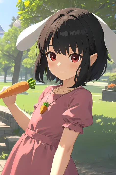 masterpiece, best quality, highres, ultra-detailed, <lora:botw_style_offset:0.6> botw style, <lora:CHAR-InabaTewi:0.6> flat chest, child, short hair, black hair, red eyes, (Inaba Tewi:1.2), short hair, black hair, carrot necklace, pink dress, short sleeves, puffy sleeves, happy