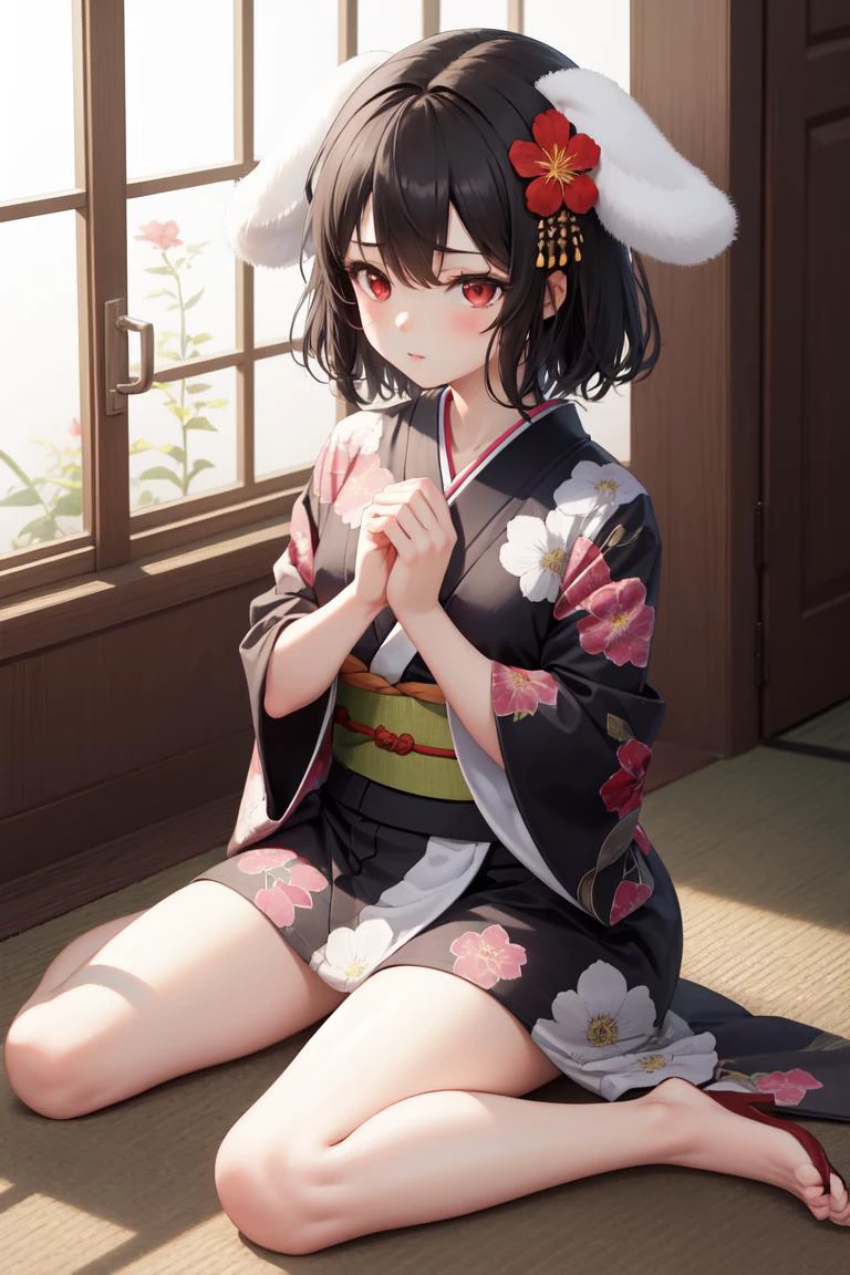 masterpiece, best quality, absurdres, perfect anatomy, 1girl, solo, Inaba Tewi, short hair, black hair, indoors, kimono, hair flower, floral print, wariza, sitting, hands on own knees