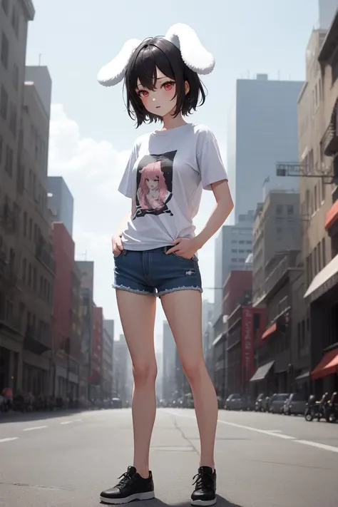 masterpiece, best quality, absurdres, perfect anatomy, 1girl, solo, Inaba Tewi, short hair, black hair, t-shirt, denim shorts, standing, outdoors, city, hands in pockets