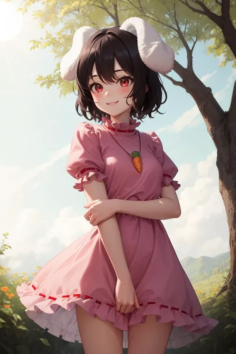 masterpiece, best quality, absurdres, perfect anatomy, 1girl, solo, Inaba Tewi, short hair, black hair, TewiBase, carrot necklace, pink dress, short sleeves, puffy sleeves, smile, standing, cowboy shot, forest, bright, sun