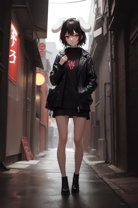 masterpiece, best quality, absurdres, perfect anatomy, 1girl, solo, Inaba Tewi, short hair, black hair, red eyes, stylish outfit, hip hop, jacket, night, alley, neon lights, confident stance