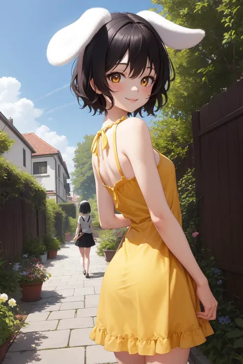 masterpiece, best quality, absurdres, perfect anatomy, 1girl, solo, Inaba Tewi, short hair, black hair, from behind, sundress, yellow sundress, garden, day, sunshine, smile, looking back