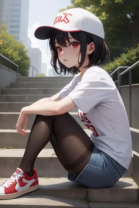 masterpiece, best quality, absurdres, perfect anatomy, 1girl, solo, Inaba Tewi, short hair, black hair, red eyes, baseball cap, t-shirt, denim shorts, pantyhose under shorts, sneaker, sitting, stairs, from side, outdoors, city