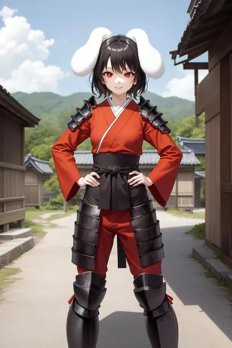 masterpiece, best quality, absurdres, perfect anatomy, 1girl, solo, Inaba Tewi, short hair, black hair, red eyes, (samurai), japanese armor, shoulder armor, standing, outdoors, japanese village, smile, confident stance, dynamic angle, hand on hips