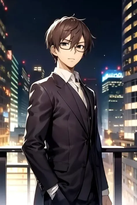 masterpiece, best quality, wallpaper, 1boy, solo, male focus, looking at viewer, , , <lora:castor_07-ghost:0.68>, castor_07-ghost, brown hair, brown eyes, glasses, zombie hunter costume, The City of Mirrors, High resolution