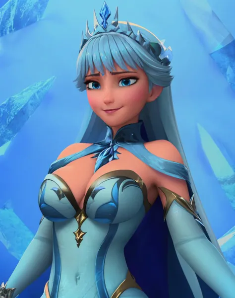 Masterpiece, highly detailed,absurdres,smirk, fine detail, HDR, edgShiva, a woman in a blue and white outfit and a crown ,wearing edgShiva,crown of ice <lora:edgShiva:0.7>