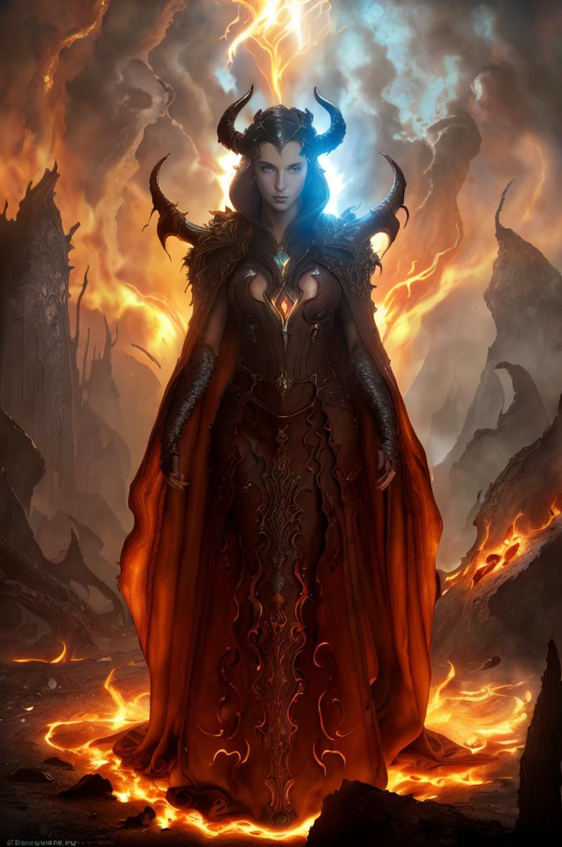 Dystopian style,
Masterwork Painting, Magnum Opus,
<lora:bebahan5:0.6> woman bebahan, slim, messy hair,
<lora:edgIfrit:0.5> wearing edgIfrit_dress, glowing fire and brimstone, demonic horns,
<lora:FantasyRobes-11:0.75> fanro, robe, hood, white, silver, cape, belt
<lora:RealmsOfFire:0.5> refi, lava lake, burning sky, cliff face,
highres, 8k, uhd, High Dynamic Range, tonemapping, crisp details, intricate details, fine details,
. Bleak, post-apocalyptic, somber, dramatic, highly detailed