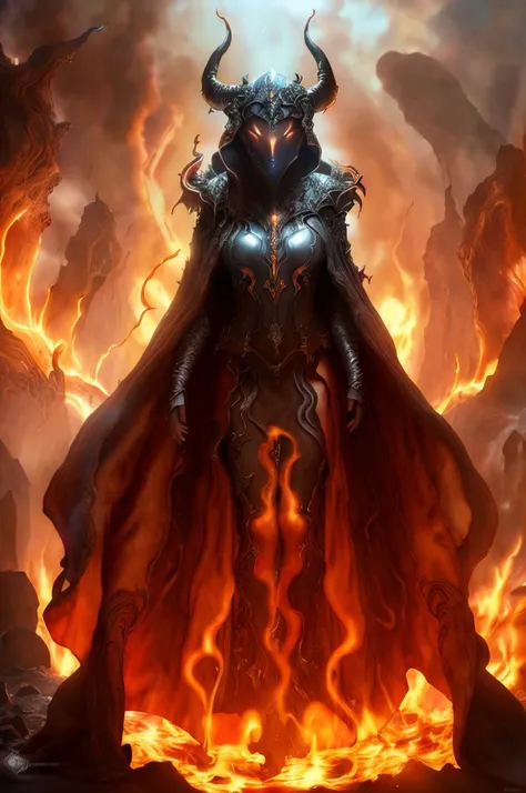 Dystopian style, 
Masterwork Painting, Magnum Opus, 
  <lora:bebahan5:0.6> woman bebahan, slim, messy hair, 
 <lora:edgIfrit:0.5> wearing edgIfrit_dress, glowing fire and brimstone, demonic horns, 
 <lora:FantasyRobes-11:0.75> fanro, robe, hood, white, silver, cape, belt
 <lora:RealmsOfFire:0.5> refi, lava lake, burning sky, cliff face,
  highres, 8k, uhd, High Dynamic Range, tonemapping, crisp details,  intricate details, fine details,
. Bleak, post-apocalyptic, somber, dramatic, highly detailed