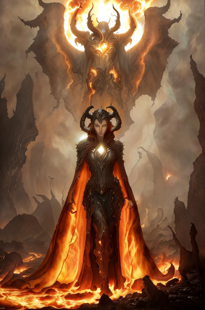 Dystopian style,
Masterwork Painting, Magnum Opus,
<lora:bebahan5:0.6> woman bebahan, slim, messy hair,
<lora:edgIfrit:0.5> wearing edgIfrit_dress, glowing fire and brimstone, demonic horns,
<lora:FantasyRobes-11:0.75> fanro, robe, hood, white, silver, cape, belt
<lora:RealmsOfFire:0.5> refi, lava lake, burning sky, cliff face,
highres, 8k, uhd, High Dynamic Range, tonemapping, crisp details, intricate details, fine details,
. Bleak, post-apocalyptic, somber, dramatic, highly detailed