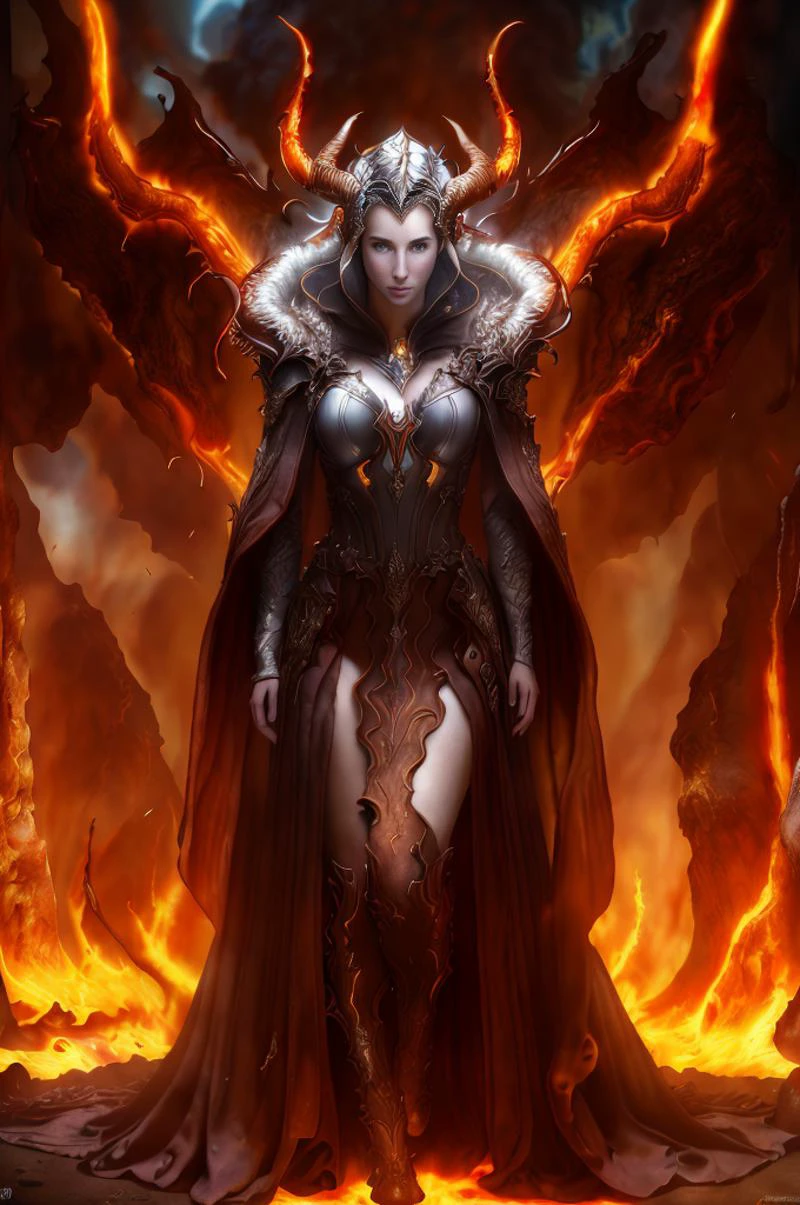 Dystopian style,
Masterwork Painting, Magnum Opus,
<lora:bebahan5:0.6> woman bebahan, slim, messy hair,
<lora:edgIfrit:0.5> wearing edgIfrit_dress, glowing fire and brimstone, demonic horns,
<lora:FantasyRobes-11:0.75> fanro, robe, hood, white, silver, cape, belt
<lora:RealmsOfFire:0.5> refi, lava lake, burning sky, cliff face,
highres, 8k, uhd, High Dynamic Range, tonemapping, crisp details, intricate details, fine details,
. Bleak, post-apocalyptic, somber, dramatic, highly detailed