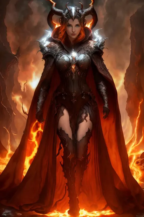 Dystopian style, 
Masterwork Painting, Magnum Opus, 
  <lora:bebahan5:0.6> woman bebahan, slim, messy hair, 
 <lora:edgIfrit:0.5> wearing edgIfrit_dress, glowing fire and brimstone, demonic horns, 
 <lora:FantasyRobes-11:0.75> fanro, robe, hood, white, silver, cape, belt
 <lora:RealmsOfFire:0.5> refi, lava lake, burning sky, cliff face,
  highres, 8k, uhd, High Dynamic Range, tonemapping, crisp details,  intricate details, fine details,
. Bleak, post-apocalyptic, somber, dramatic, highly detailed