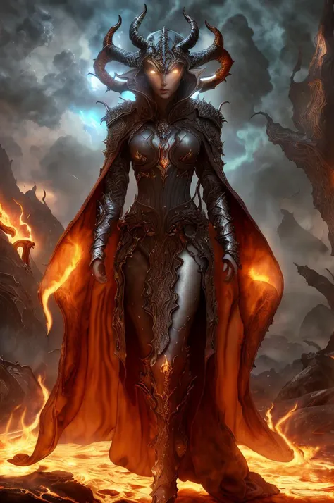 Dystopian style, 
Masterwork Painting, Magnum Opus, 
  <lora:bebahan5:0.6> woman bebahan, slim, messy hair, 
 <lora:edgIfrit:0.5> wearing edgIfrit_dress, glowing fire and brimstone, demonic horns, 
 <lora:FantasyRobes-11:0.75> fanro, robe, hood, white, silver, cape, belt
 <lora:RealmsOfFire:0.5> refi, lava lake, burning sky, cliff face,
  highres, 8k, uhd, High Dynamic Range, tonemapping, crisp details,  intricate details, fine details,
. Bleak, post-apocalyptic, somber, dramatic, highly detailed