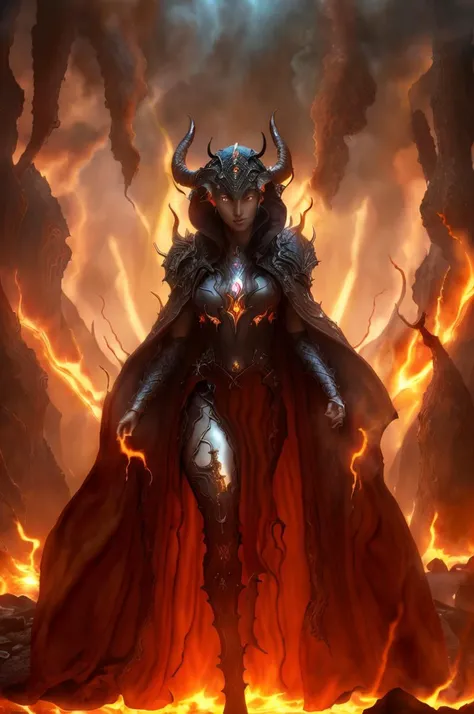 Dystopian style, 
Masterwork Painting, Magnum Opus, 
  <lora:bebahan5:0.6> woman bebahan, slim, messy hair, 
 <lora:edgIfrit:0.5> wearing edgIfrit_dress, glowing fire and brimstone, demonic horns, 
 <lora:FantasyRobes-11:0.75> fanro, robe, hood, white, silver, cape, belt
 <lora:RealmsOfFire:0.5> refi, lava lake, burning sky, cliff face,
  highres, 8k, uhd, High Dynamic Range, tonemapping, crisp details,  intricate details, fine details,
. Bleak, post-apocalyptic, somber, dramatic, highly detailed