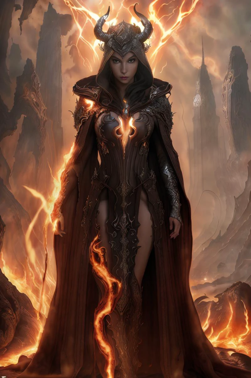 Dystopian style,
Masterwork Painting, Magnum Opus,
<lora:bebahan5:0.6> woman bebahan, slim, messy hair,
<lora:edgIfrit:0.5> wearing edgIfrit_dress, glowing fire and brimstone, demonic horns,
<lora:FantasyRobes-11:0.75> fanro, robe, hood, white, silver, cape, belt
<lora:RealmsOfFire:0.5> refi, lava lake, burning sky, cliff face,
highres, 8k, uhd, High Dynamic Range, tonemapping, crisp details, intricate details, fine details,
. Bleak, post-apocalyptic, somber, dramatic, highly detailed