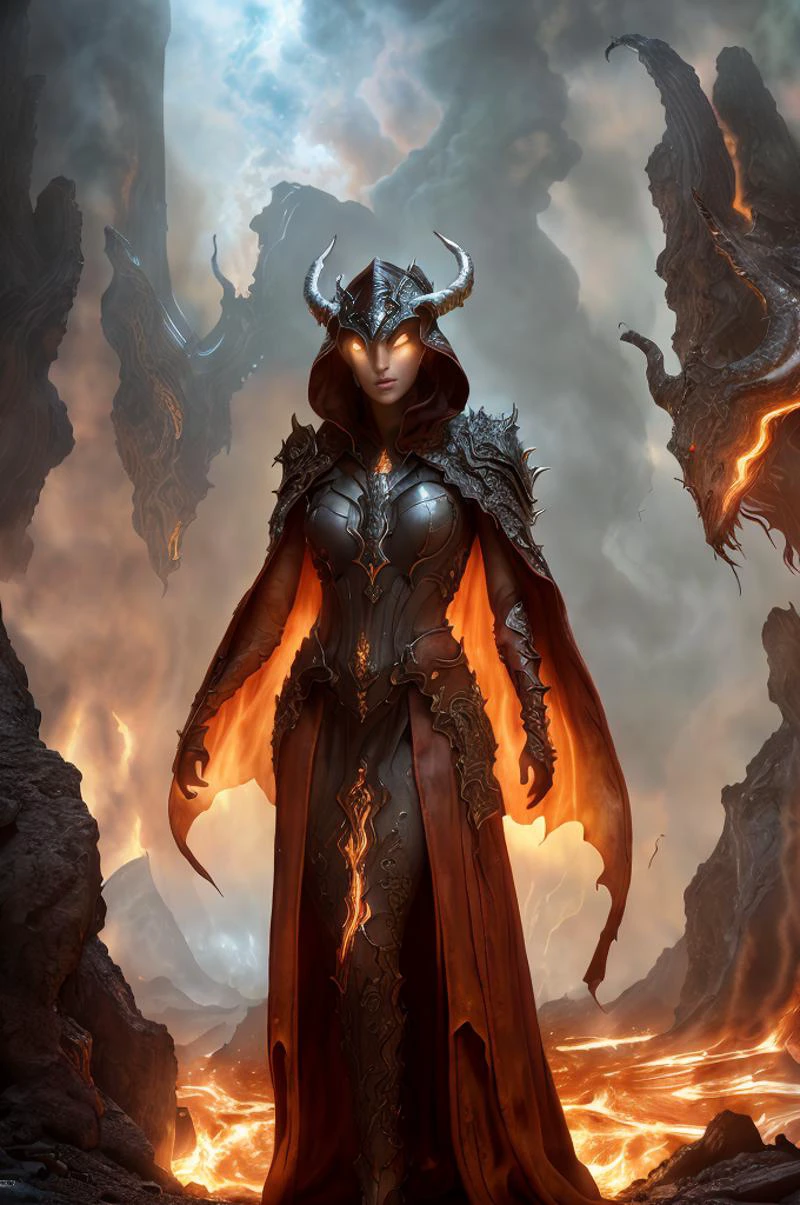 Dystopian style,
Masterwork Painting, Magnum Opus,
<lora:bebahan5:0.6> woman bebahan, slim, messy hair,
<lora:edgIfrit:0.5> wearing edgIfrit_dress, glowing fire and brimstone, demonic horns,
<lora:FantasyRobes-11:0.75> fanro, robe, hood, white, silver, cape, belt
<lora:RealmsOfFire:0.5> refi, lava lake, burning sky, cliff face,
highres, 8k, uhd, High Dynamic Range, tonemapping, crisp details, intricate details, fine details,
. Bleak, post-apocalyptic, somber, dramatic, highly detailed