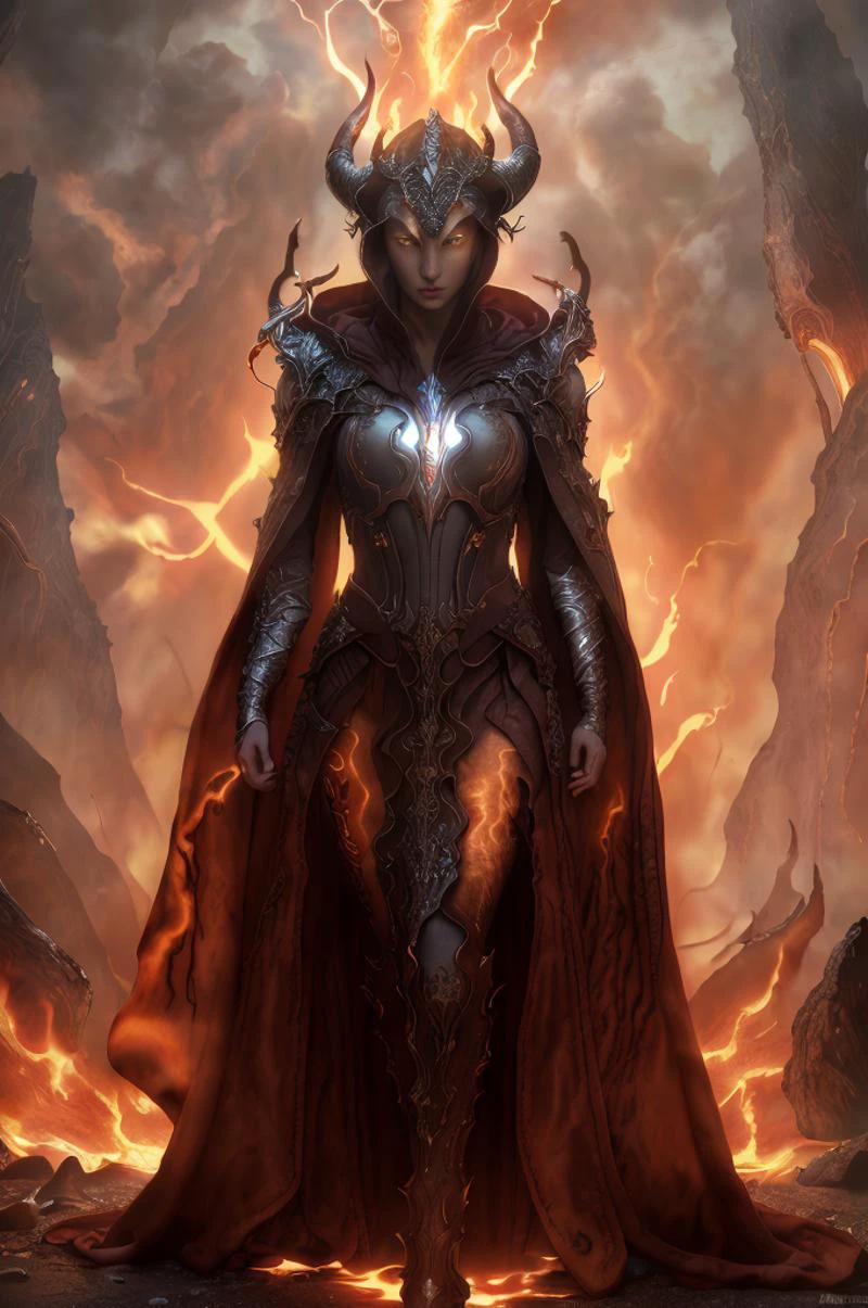 Dystopian style,
Masterwork Painting, Magnum Opus,
<lora:bebahan5:0.6> woman bebahan, slim, messy hair,
<lora:edgIfrit:0.5> wearing edgIfrit_dress, glowing fire and brimstone, demonic horns,
<lora:FantasyRobes-11:0.75> fanro, robe, hood, white, silver, cape, belt
<lora:RealmsOfFire:0.5> refi, lava lake, burning sky, cliff face,
highres, 8k, uhd, High Dynamic Range, tonemapping, crisp details, intricate details, fine details,
. Bleak, post-apocalyptic, somber, dramatic, highly detailed
