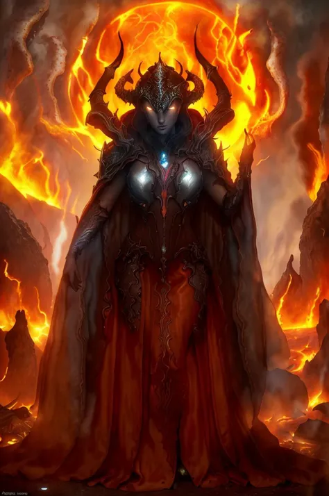 Dystopian style, 
Masterwork Painting, Magnum Opus, 
  <lora:bebahan5:0.6> woman bebahan, slim, messy hair, 
 <lora:edgIfrit:0.5> wearing edgIfrit_dress, glowing fire and brimstone, demonic horns, 
 <lora:FantasyRobes-11:0.75> fanro, robe, hood, white, silver, cape, belt
 <lora:RealmsOfFire:0.5> refi, lava lake, burning sky, cliff face,
  highres, 8k, uhd, High Dynamic Range, tonemapping, crisp details,  intricate details, fine details,
. Bleak, post-apocalyptic, somber, dramatic, highly detailed