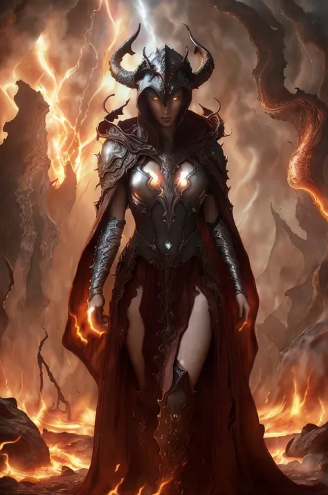 Dystopian style, 
Masterwork Painting, Magnum Opus, 
  <lora:bebahan5:0.6> woman bebahan, slim, messy hair, 
 <lora:edgIfrit:0.5> wearing edgIfrit_dress, glowing fire and brimstone, demonic horns, 
 <lora:FantasyRobes-11:0.75> fanro, robe, hood, white, silver, cape, belt
 <lora:RealmsOfFire:0.5> refi, lava lake, burning sky, cliff face,
  highres, 8k, uhd, High Dynamic Range, tonemapping, crisp details,  intricate details, fine details,
. Bleak, post-apocalyptic, somber, dramatic, highly detailed