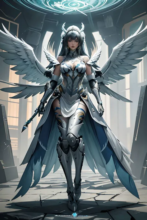 (a back view model shot taken from the back: 1.5), female angel (Masterpiece, intense details: 1.3), paladin, holy warrior, short blond hair, determined face, full body, armed with sword, holy symbol, (wearing white armor: 1.3), ((fully dressed: 1.5)), (wings sprouting from the back: 1.3) spread large feathered wings, majestic wings, white angelic wings, moon light, moon, stars, clouds, cemetery background, anatomically correct (Masterpiece, intense details: 1.3), god rays, cinematic lighting, glowing light, photorealism, panoramic view, Wide-Angle, Ultra-Wide Angle, 16k, highres, best quality, high details, ultra detailed, masterpiece, best quality, (extremely detailed), arafed, dnd art, armored dress