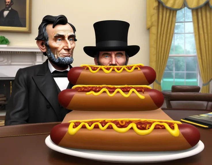 CGI, massive hotdogs with heaps of chili cheese, the Abraham Lincoln Oval Office, top hats, cool guy emancipating <lora:1990s_CGI_XL:1>